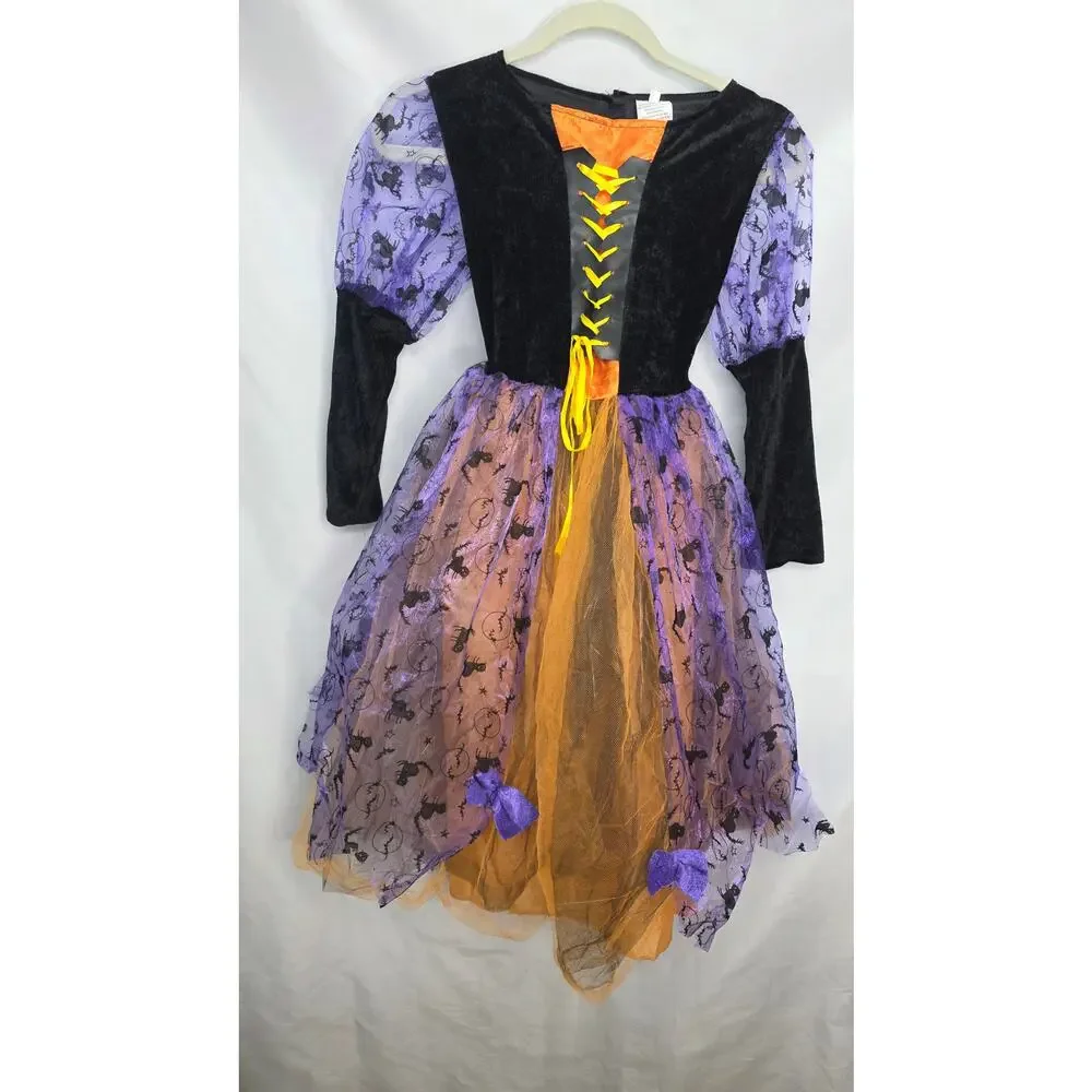 Light Up Witch Costume With Head Band Hat Girls L Purple Orange Halloween Dress